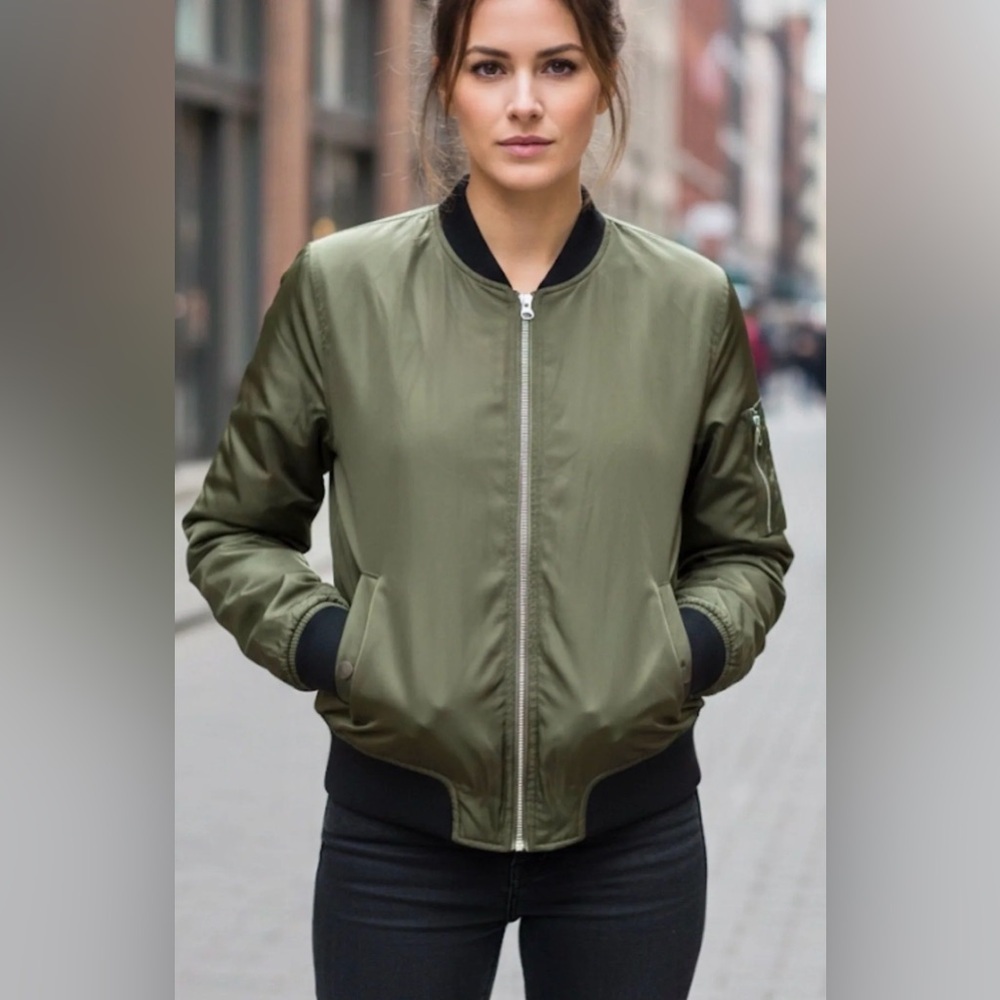 LUSH Olive Green Satin Flight Bomber Jacket - Silver Zip Moto Vibe - Large